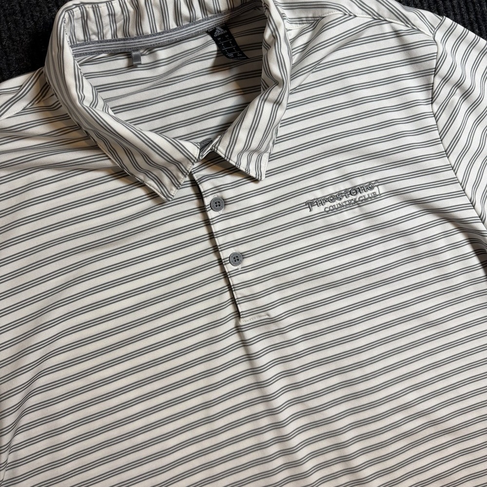 Adidas Polo Shirt Firestone Country Club Akron Large Striped Gray White Golf